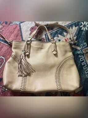 RALPH LAUREN Leather Indian Cove Tote Bag with Tassel - beige